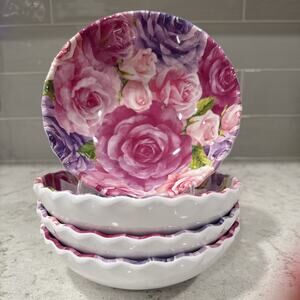 Set 4 Salad Bowls Jolie Fleur Rose Melamine Serving 7x2” Bowl Pink Purple NEW